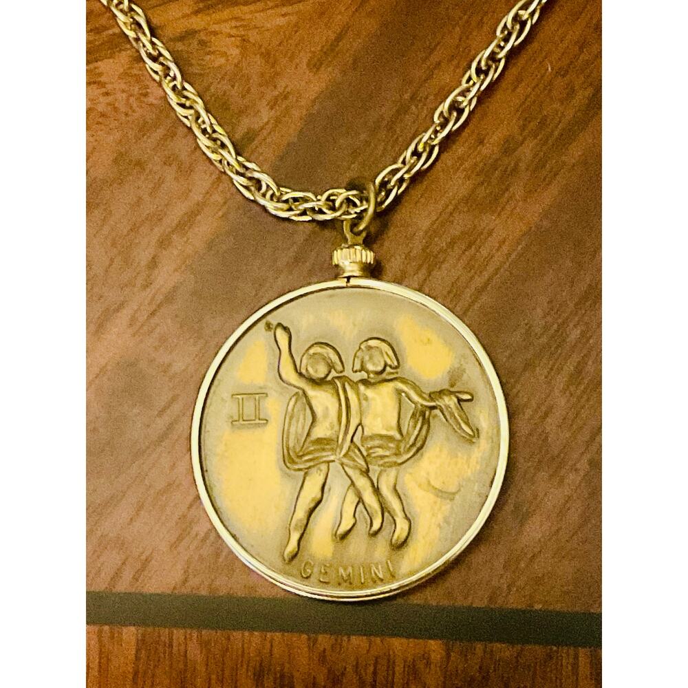 Gemini Astrological pendant coin gold chain necklace unisex long consolation
